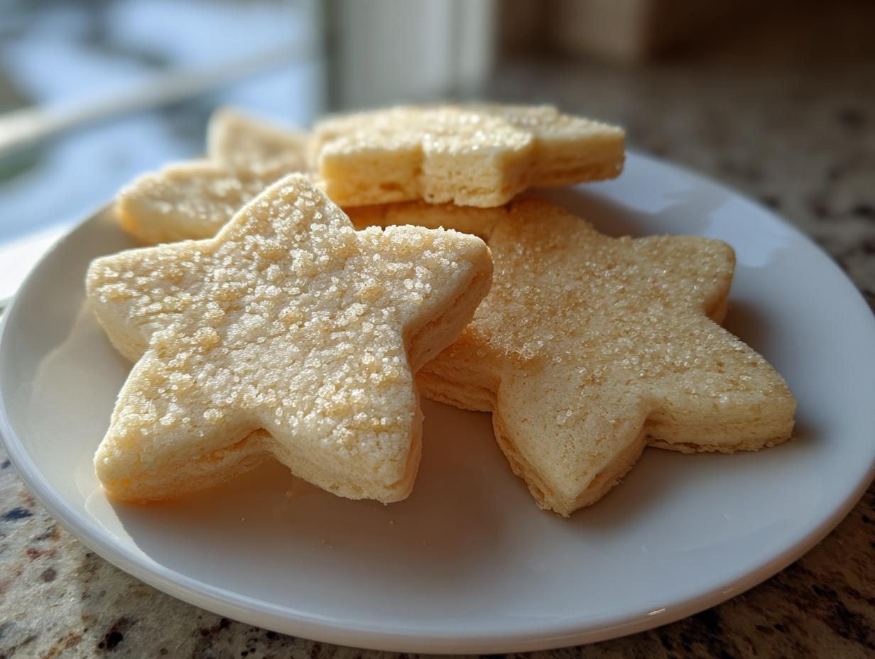 Close-up of soft, thick, star-shaped sugar cookies sprinkled with coarse sugar on a white plate.