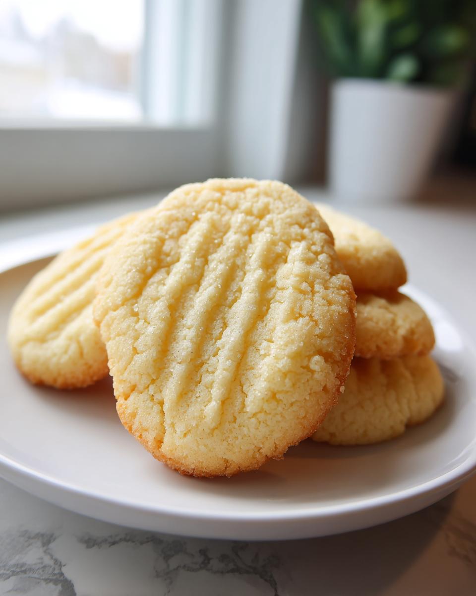 Close-up of several soft sugar cookies with fork marks stacked on a white plate near a window.