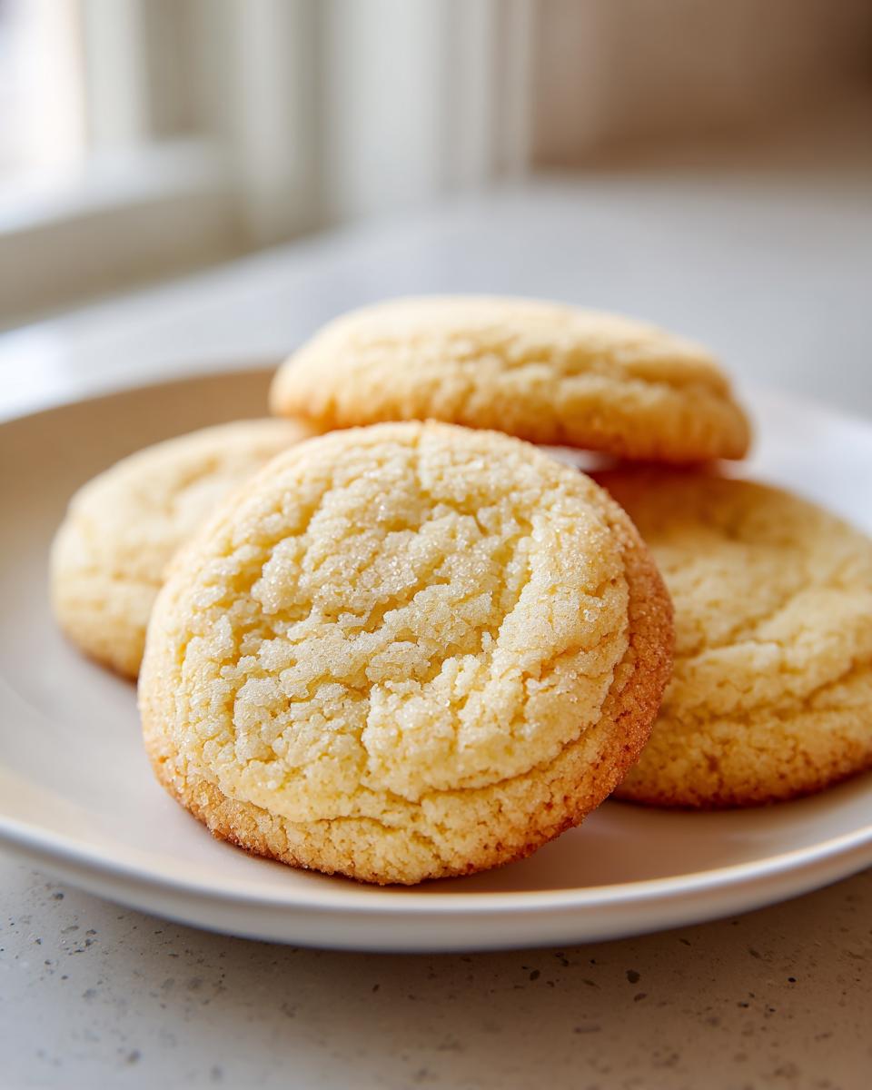 Close-up of four soft, golden sugar cookies sprinkled with coarse sugar on a light plate.