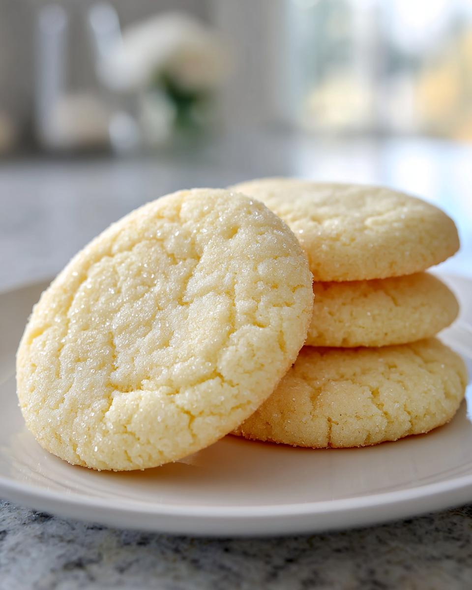 A stack of three soft, pale yellow sugar cookies coated in sparkling granulated sugar.