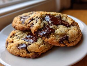 Close-up of three gooey sourdough chocolate chip cookies stacked on a white plate with melted chocolate pools.