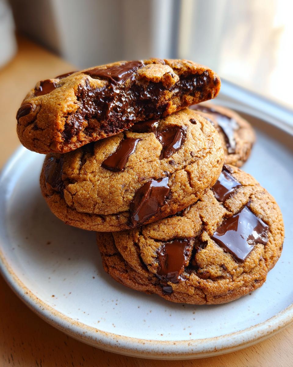A stack of three thick sourdough chocolate chip cookies, with the top one broken open revealing a molten chocolate center.