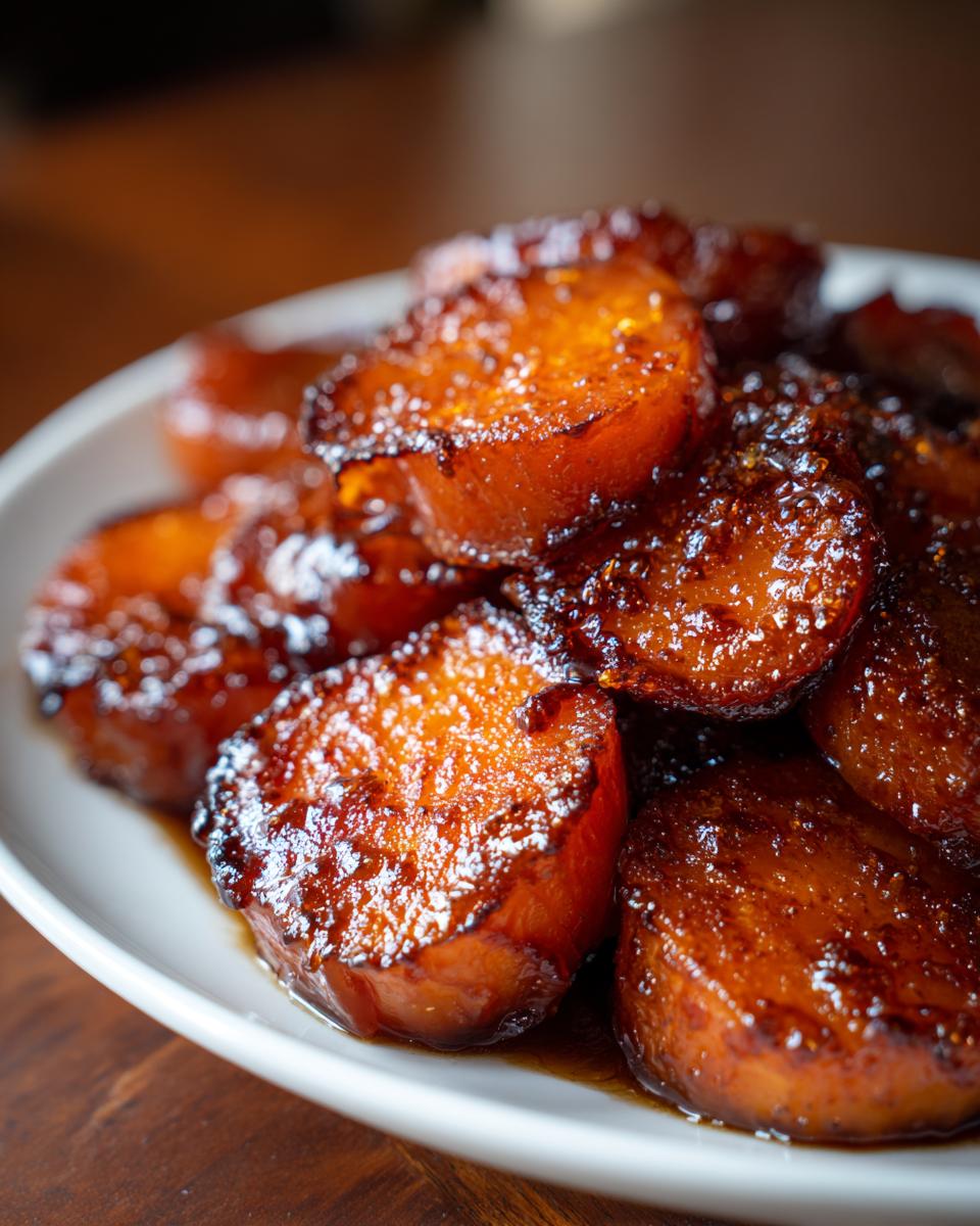 Close-up of thick-cut, glossy southern candied yams piled high on a white plate.