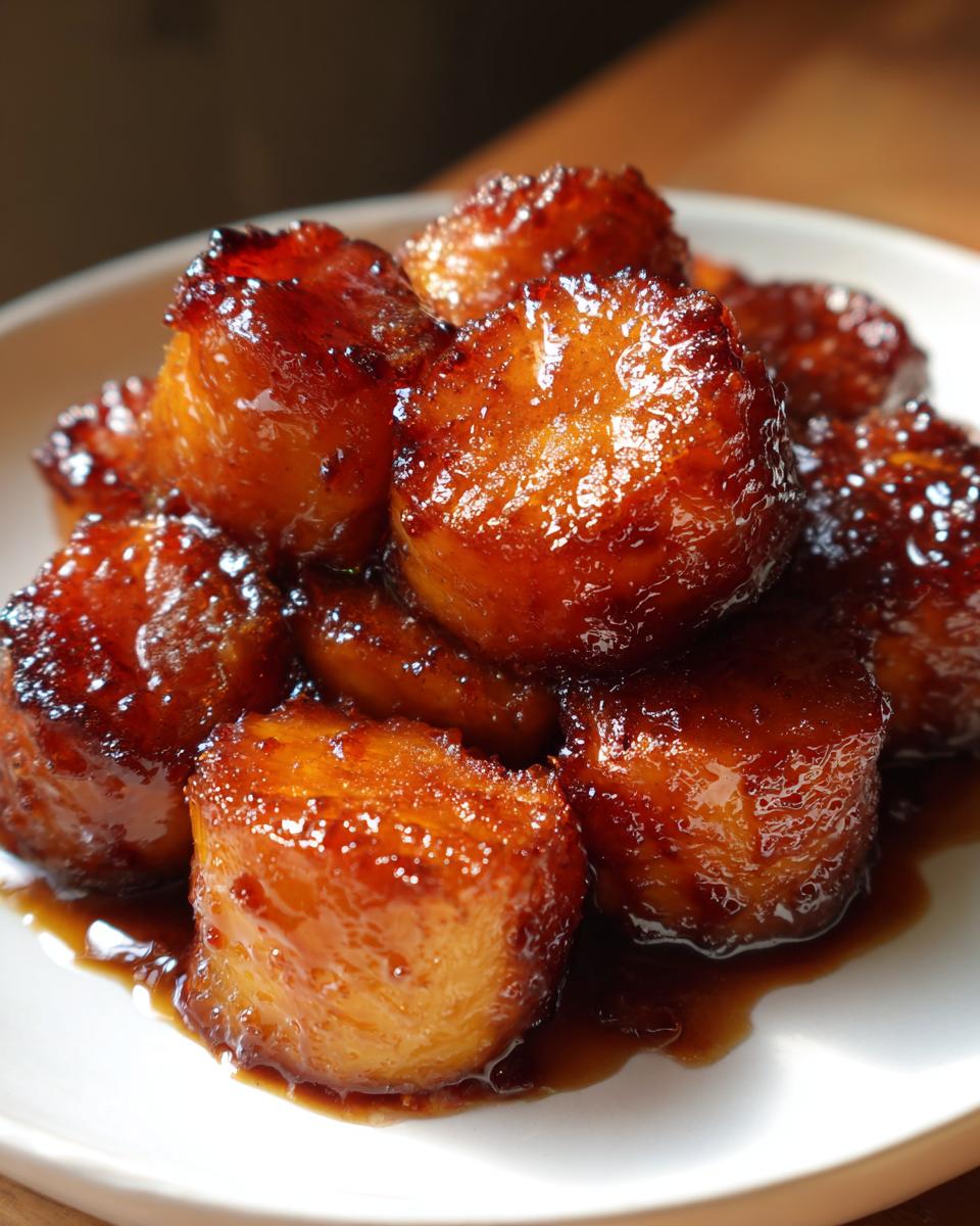Close-up of thick-cut, glossy southern candied yams piled on a white plate with rich brown syrup.