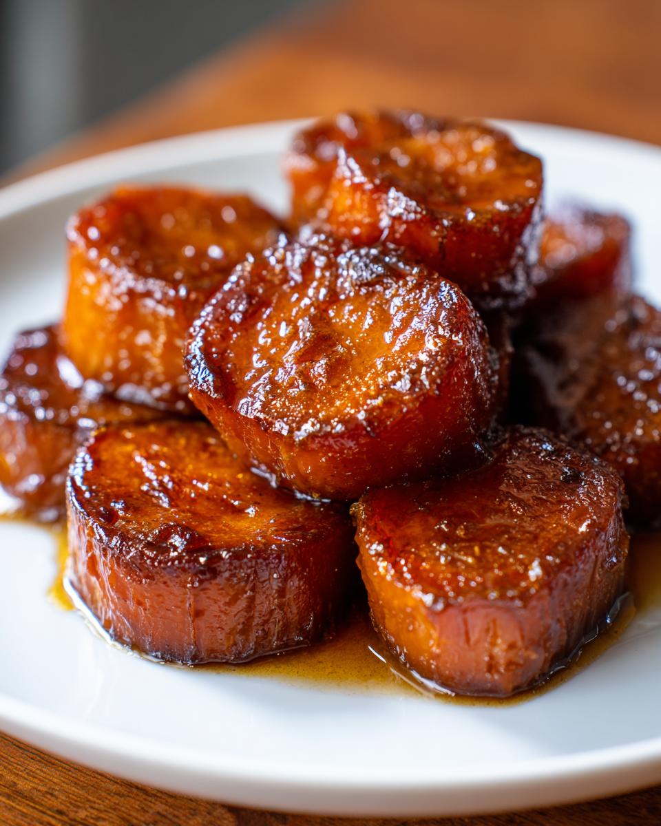 Close-up of thick-cut, glazed southern candied yams piled on a white plate, glistening with sweet syrup.