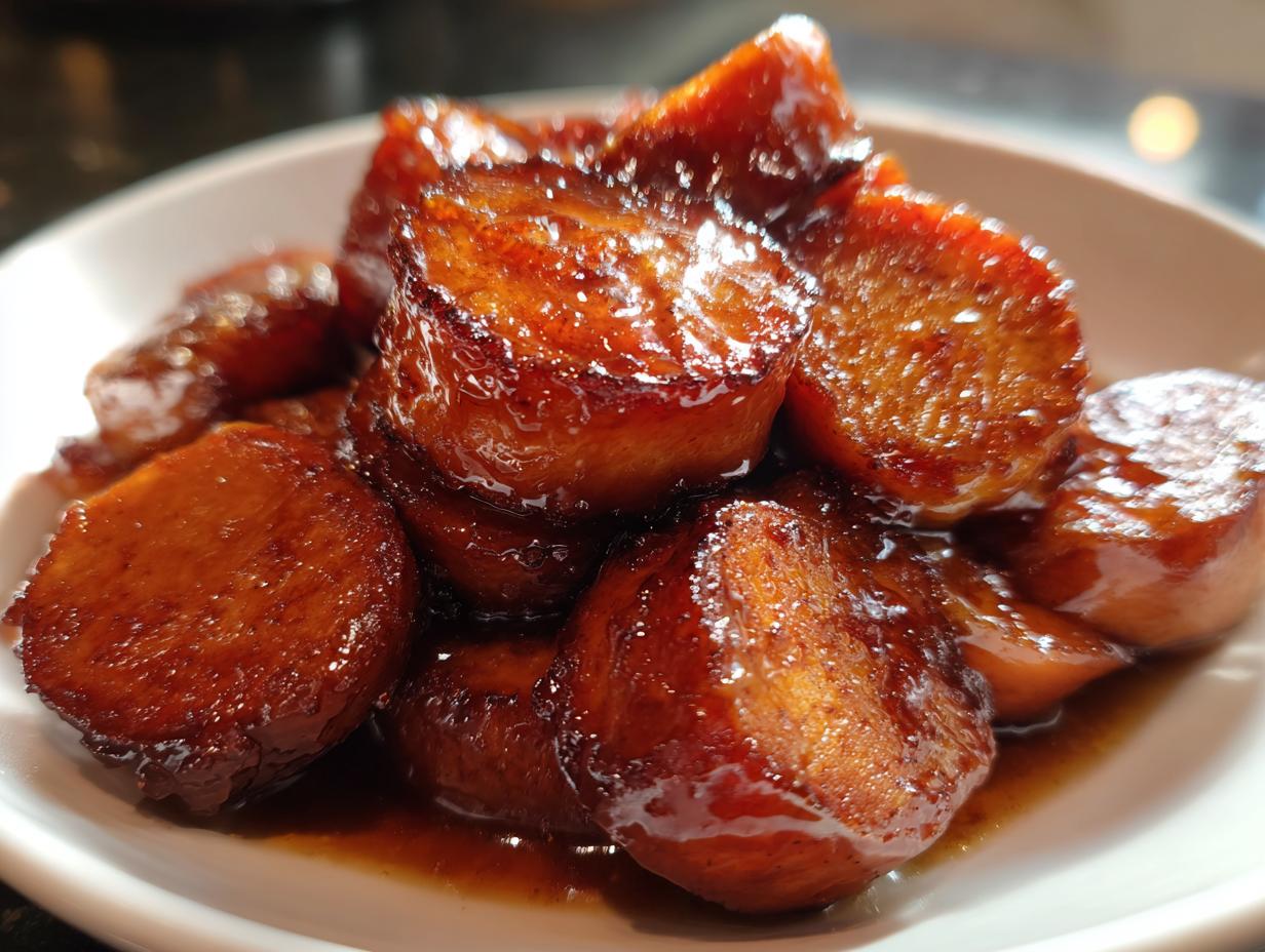 Close-up shot of thick, glazed slices of Southern candied yams soaking in a rich, dark syrup.