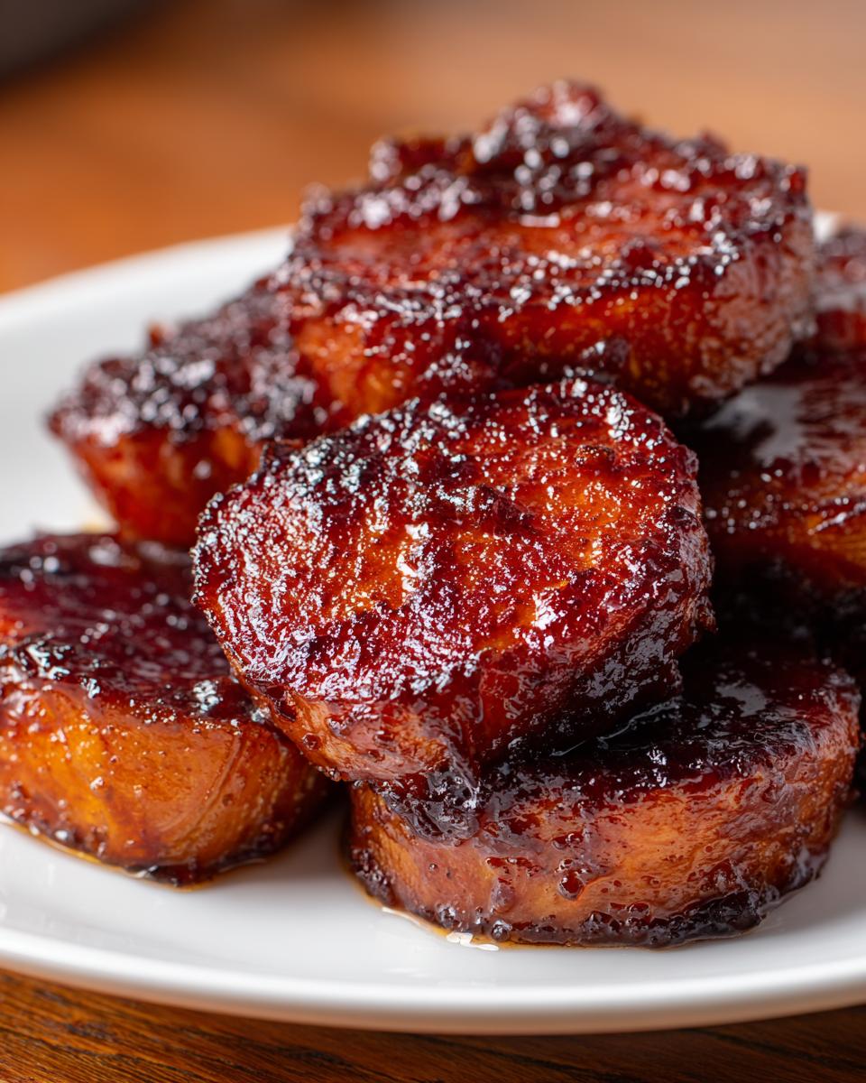 A close-up of thick, round slices of southern candied yams covered in a rich, dark brown, glossy glaze.