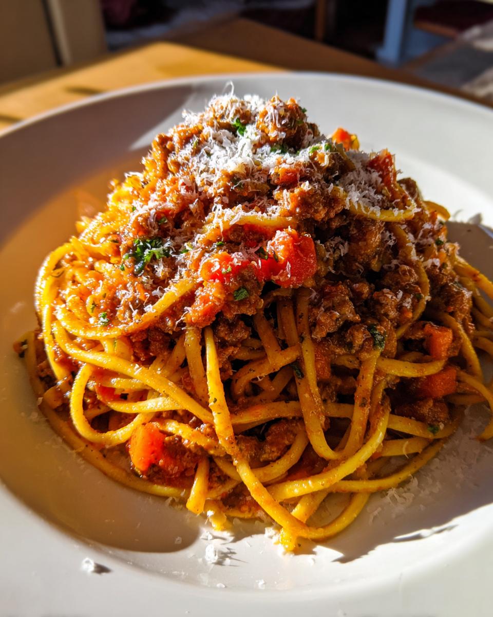 A close-up of spaghetti topped generously with rich bolognese sauce and grated Parmesan cheese.