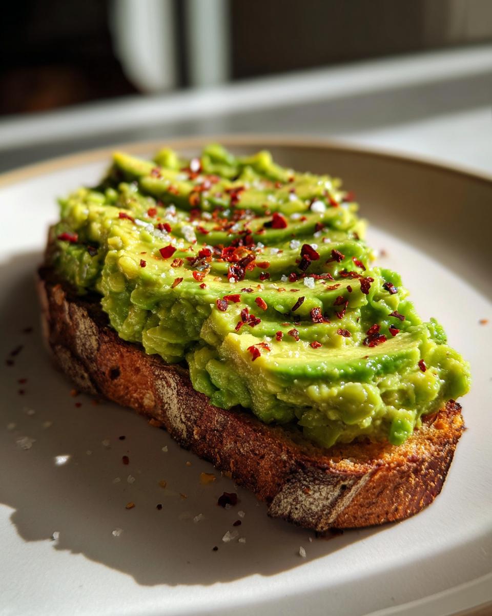Close-up of creamy avocado toast topped with red pepper flakes and flaky sea salt.