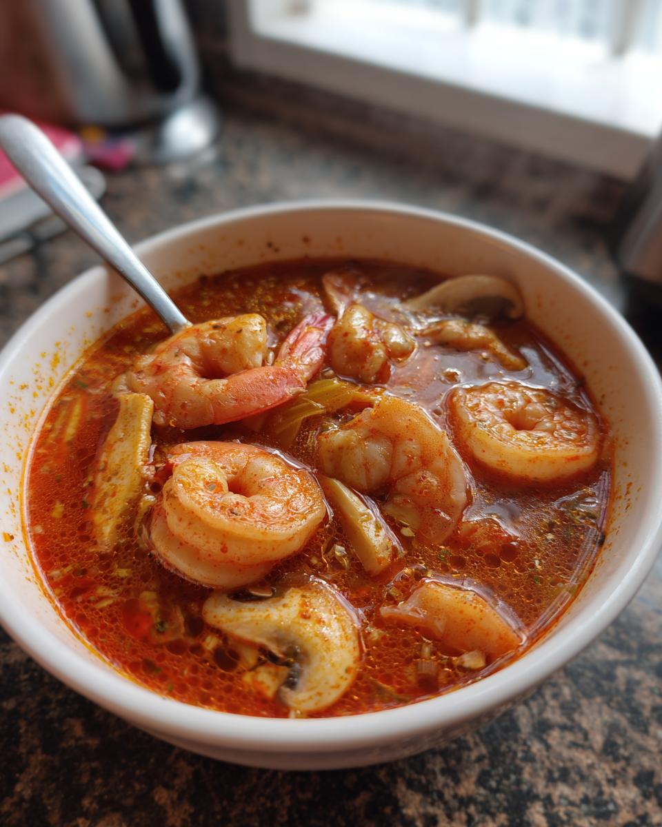 Close-up of a white bowl filled with vibrant red, spicy tom yum soup featuring large shrimp and sliced mushrooms.