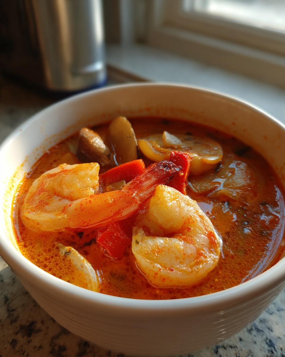 Close-up of a white bowl filled with vibrant orange tom yum soup featuring large shrimp, mushrooms, and red peppers.