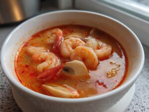 Close-up of a white bowl filled with vibrant orange and red tom yum soup featuring plump shrimp and sliced mushrooms.