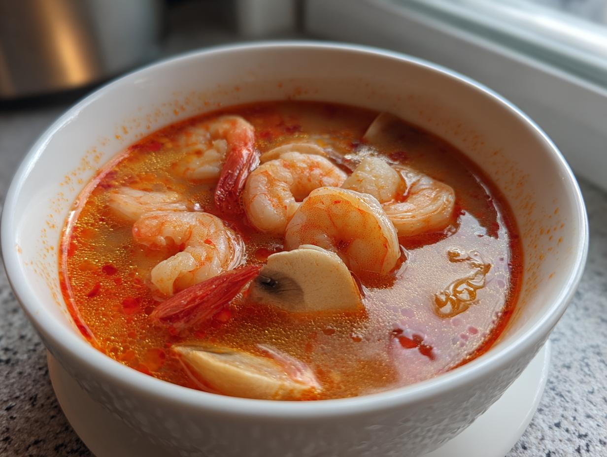 Close-up of a white bowl filled with vibrant orange and red tom yum soup featuring plump shrimp and sliced mushrooms.