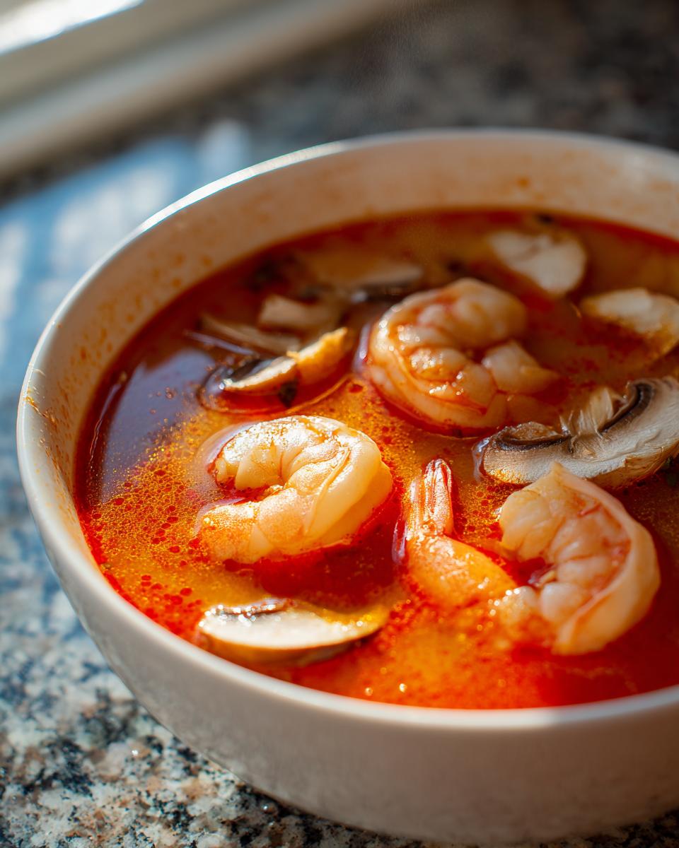 Close-up of a bowl of vibrant red-orange tom yum soup featuring large shrimp and sliced mushrooms.