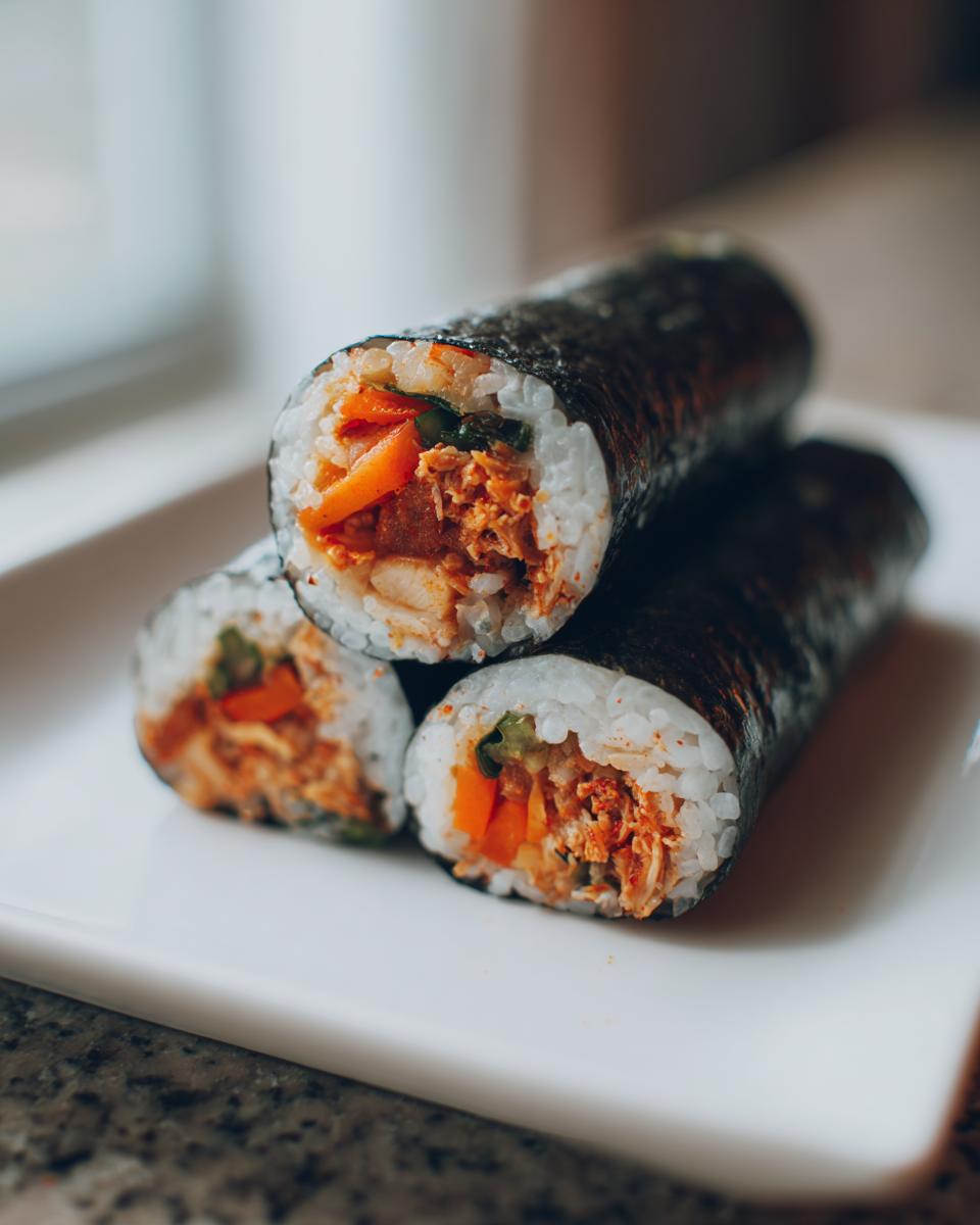 Three freshly cut rolls of spicy tuna kimbap stacked on a white plate, showing the filling of seasoned tuna and vegetables.