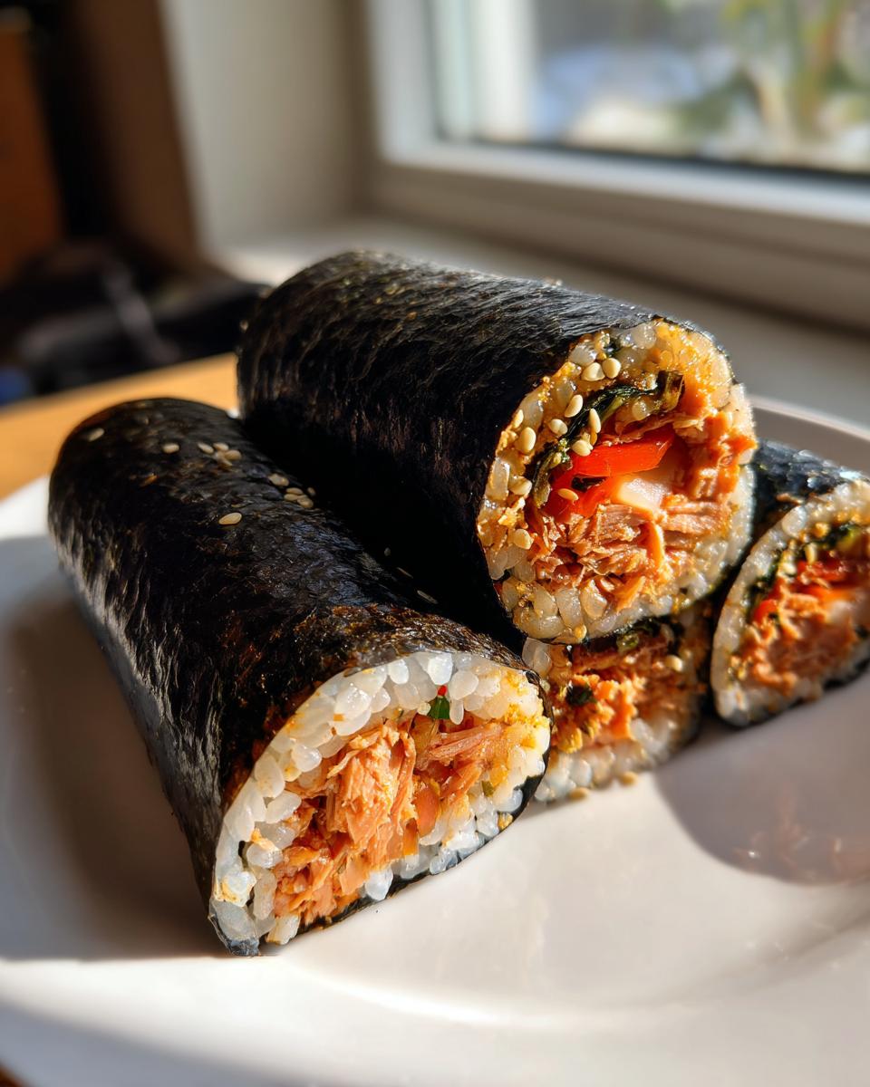 Close-up of several pieces of spicy tuna kimbap rolls, showing the filling of seasoned tuna and vegetables wrapped in seaweed and rice.