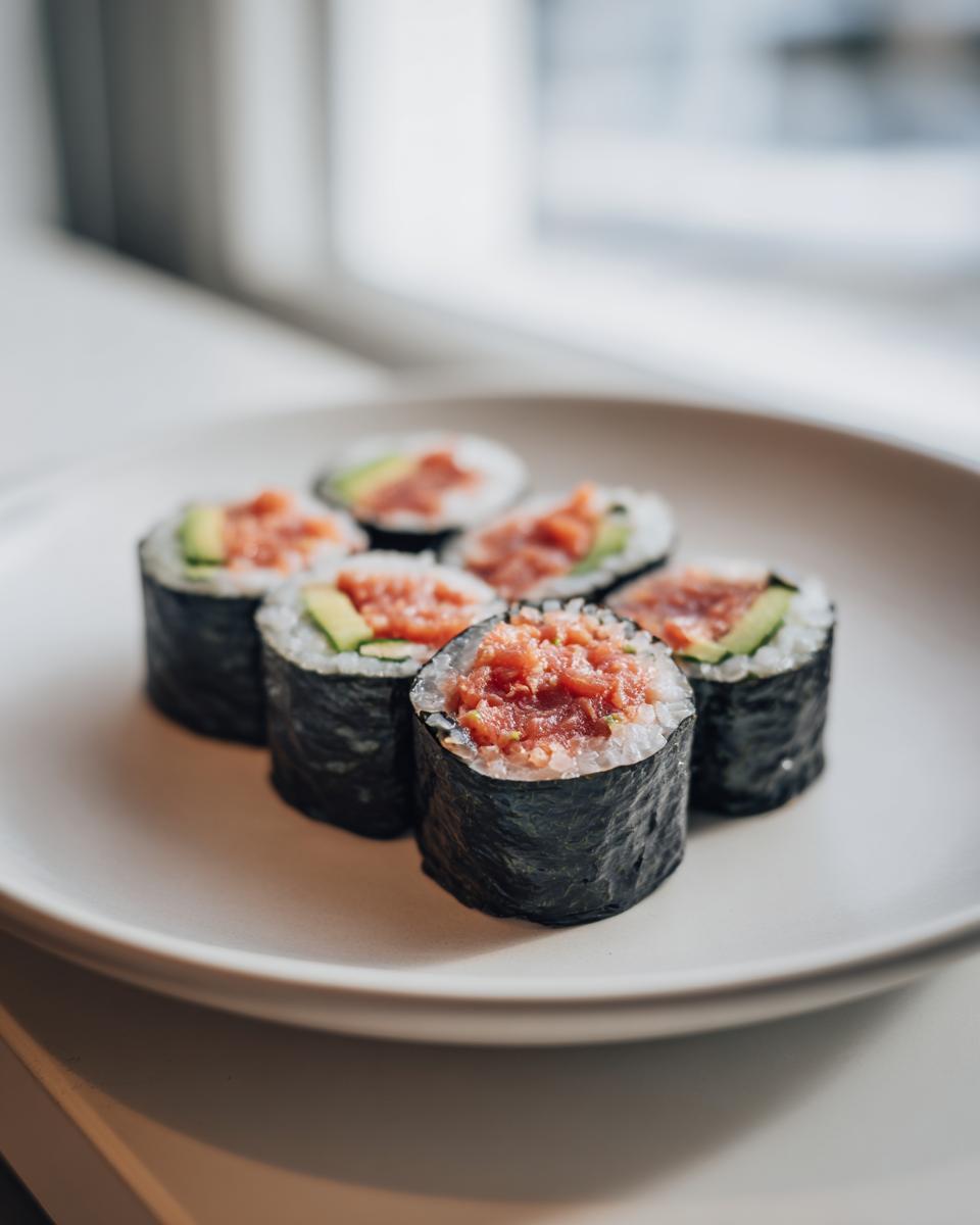 Six freshly cut pieces of spicy tuna kimbap featuring bright red tuna filling and green avocado slices, arranged on a light plate.