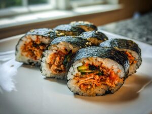 Six slices of spicy tuna kimbap, showing the bright orange tuna filling and sesame seeds, arranged on a white plate.