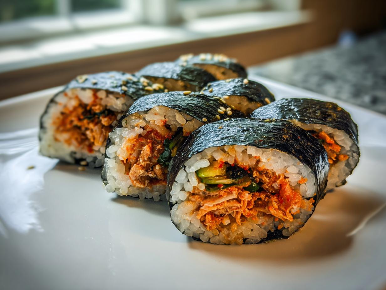 Six slices of spicy tuna kimbap, showing the bright orange tuna filling and sesame seeds, arranged on a white plate.