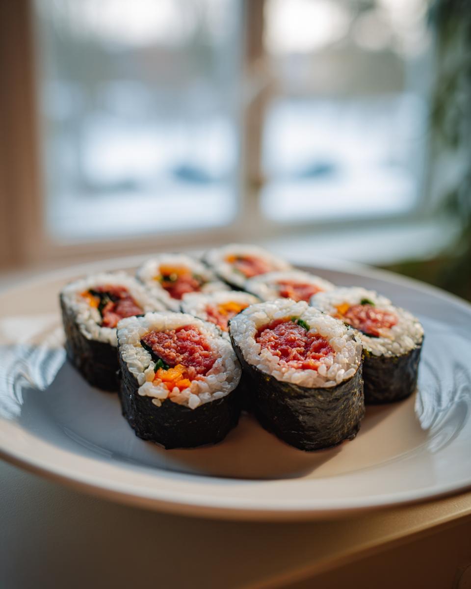 A plate holding several freshly cut pieces of spicy tuna kimbap, featuring bright red tuna filling and rice wrapped in nori.