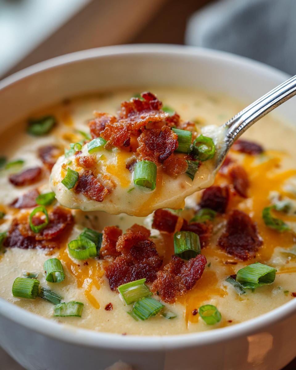 A spoonful of creamy easy crockpot potato soup topped with bacon bits and green onions being lifted from a white bowl.