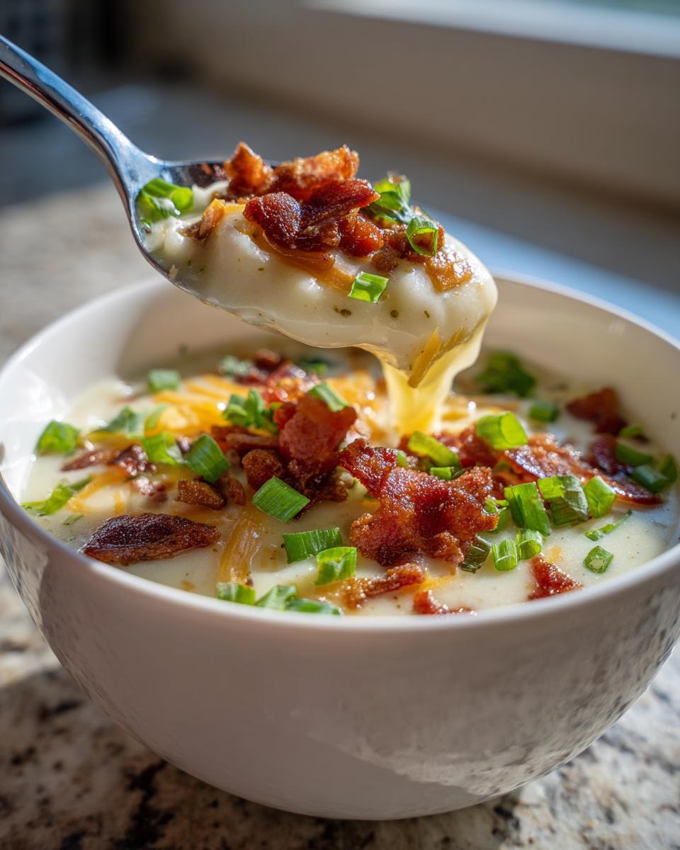 A spoonful of creamy easy crockpot potato soup topped with bacon bits and green onions being lifted from a white bowl.