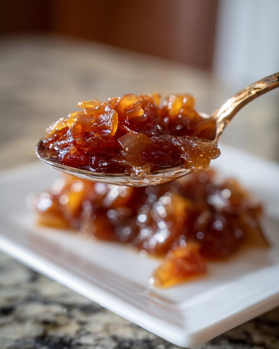 Close-up of a spoonful of rich, dark caramelized onions being lifted above a white plate.