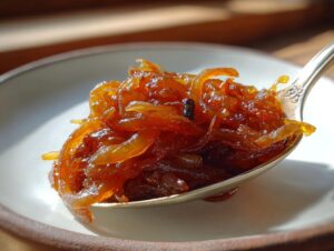Close-up of rich, dark amber caramelized onions piled high on a decorative silver spoon.