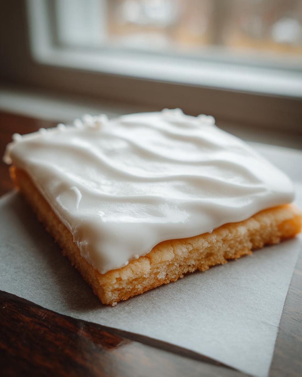 Close-up of a square sugar cookie topped with thick, white sugar cookie icing that hardens perfectly.