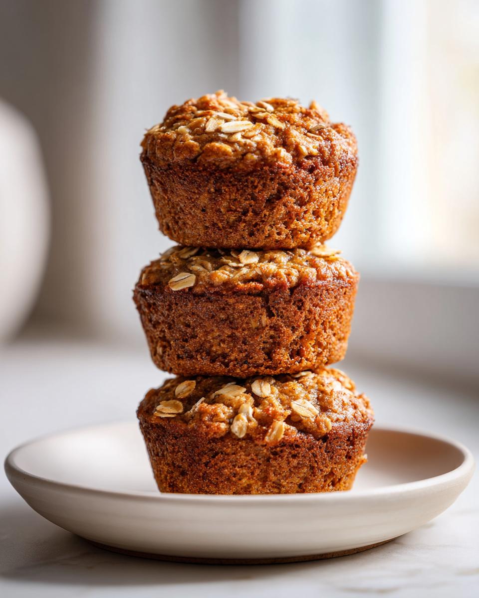 Three perfectly baked banana oatmeal muffins stacked vertically on a light ceramic plate.
