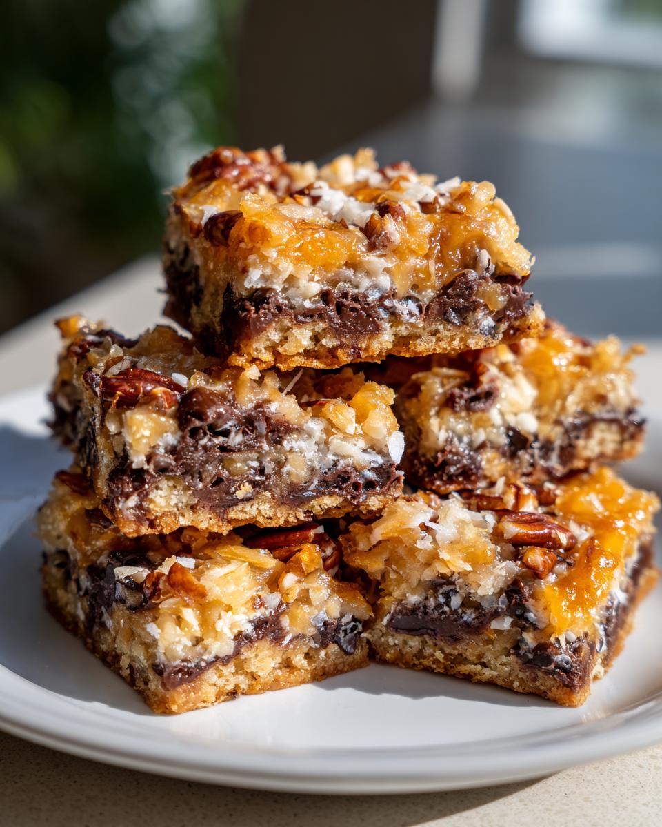 A stack of four gooey magic cookie bars showing layers of crust, chocolate chips, coconut, and pecans.