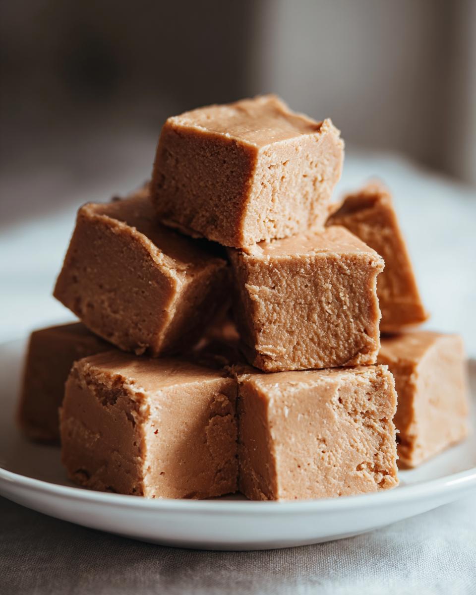 A close-up stack of rich, light brown squares of homemade penuche fudge resting on a white plate.
