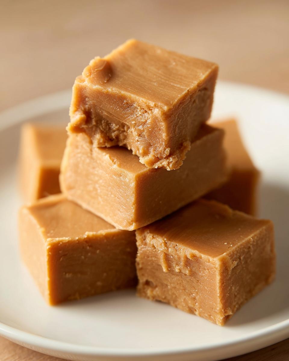 Close-up of stacked, creamy brown squares of homemade penuche fudge on a white plate.