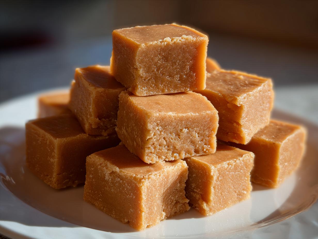 A tempting stack of homemade, light brown penuche fudge squares piled high on a white plate.