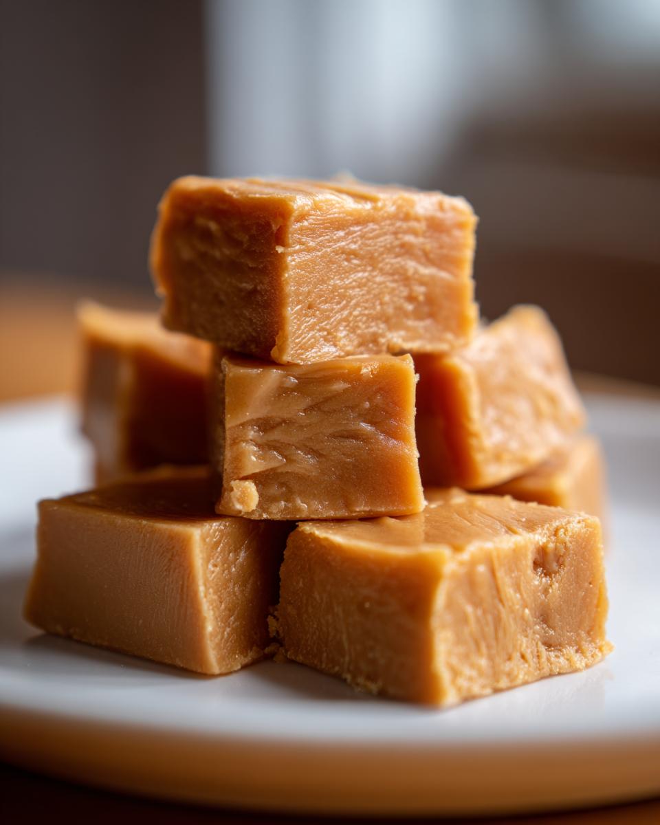 Close-up of several golden-brown squares of creamy penuche fudge stacked on a white plate.