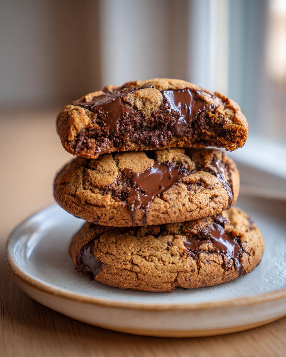 A stack of three thick, chewy sourdough chocolate chip cookies with melted chocolate oozing out.