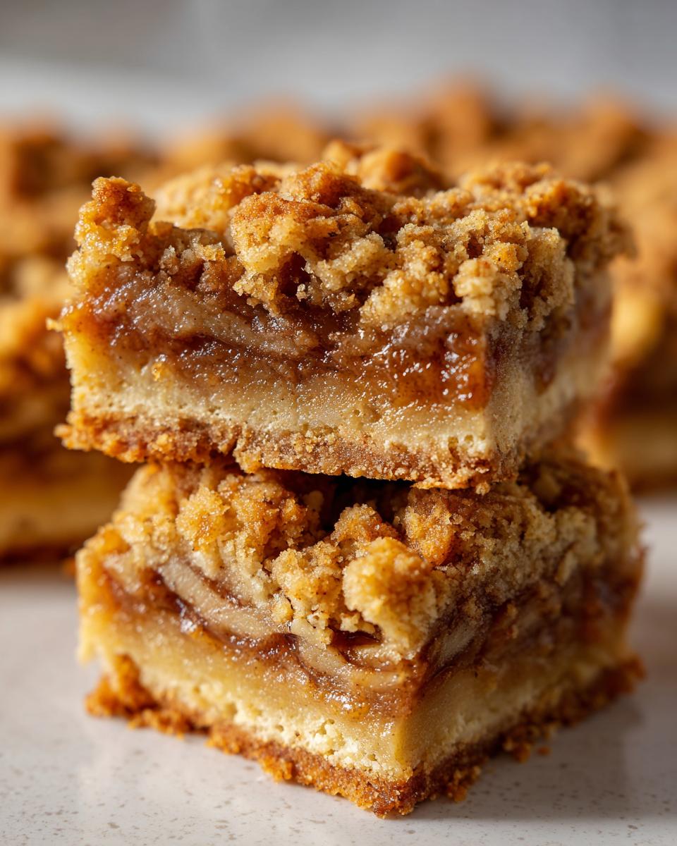 Two stacked squares of delicious apple pie bars showing the thick apple filling and crumb topping.