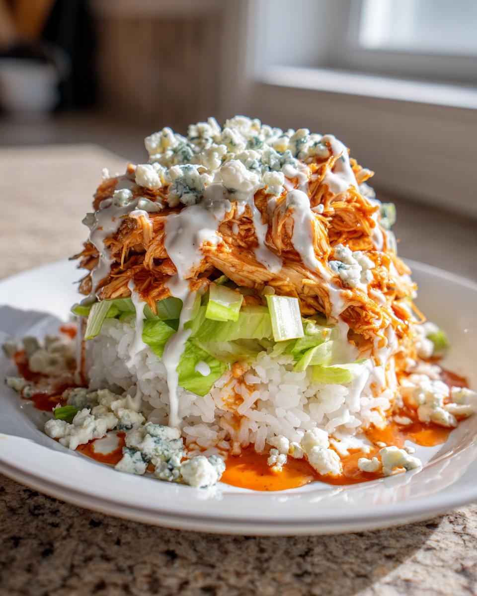 A tall, stacked buffalo chicken bowl featuring shredded chicken, white rice, lettuce, ranch, and blue cheese crumbles.