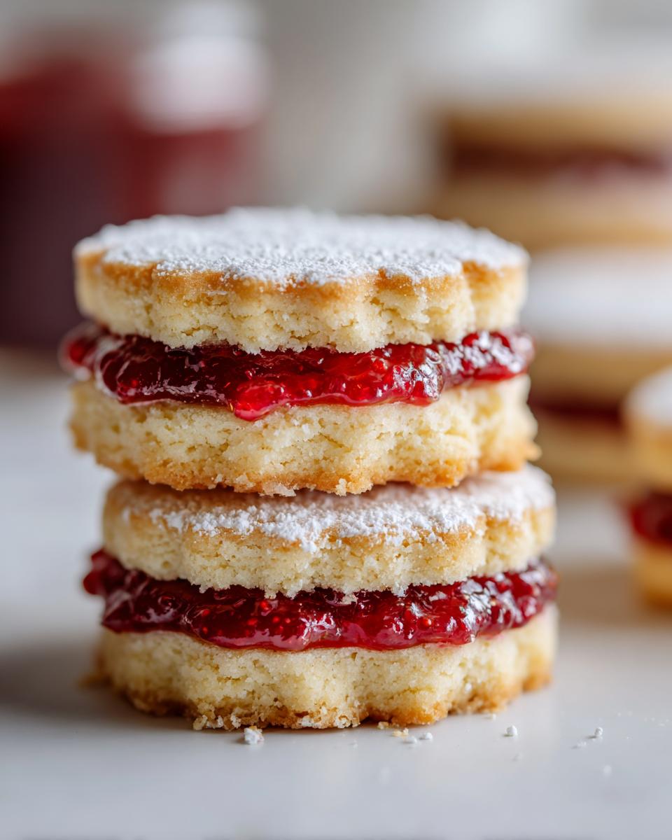 Close-up of two stacked, flower-shaped linzer cookies filled with bright red raspberry jam and dusted with powdered sugar.