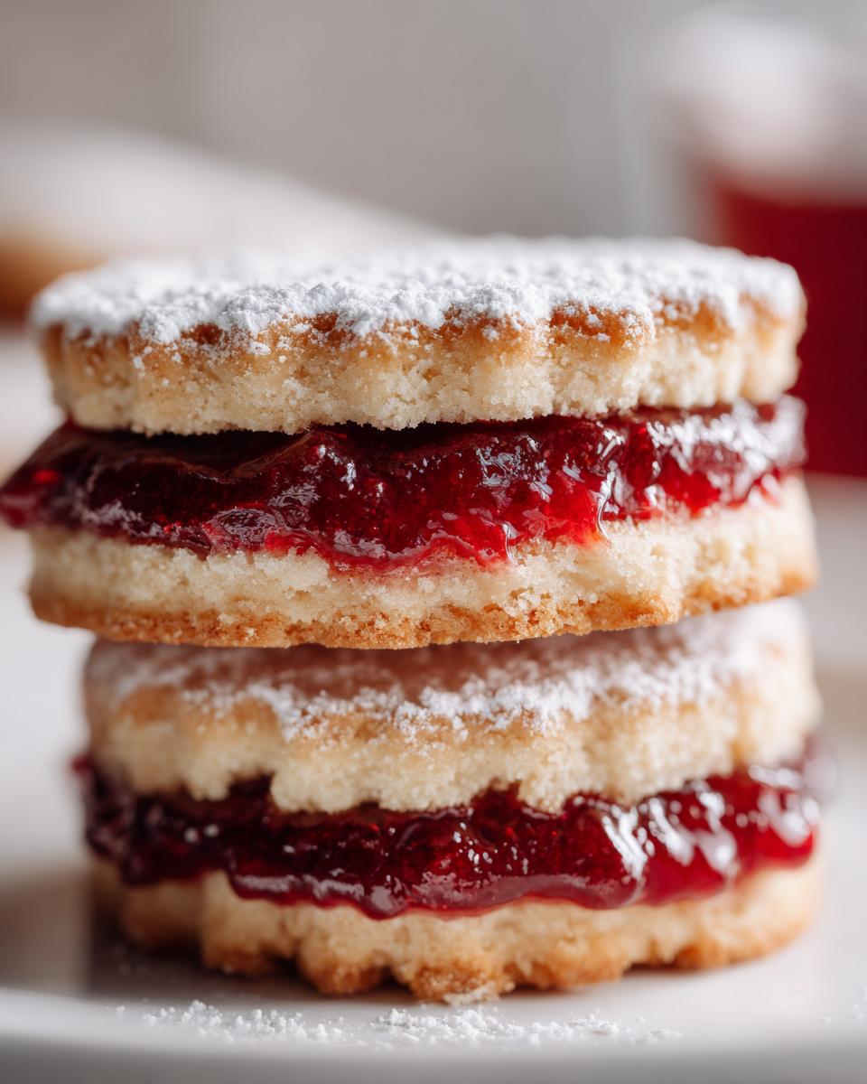 Close-up of two stacked linzer cookies filled generously with bright red raspberry jam and dusted with powdered sugar.