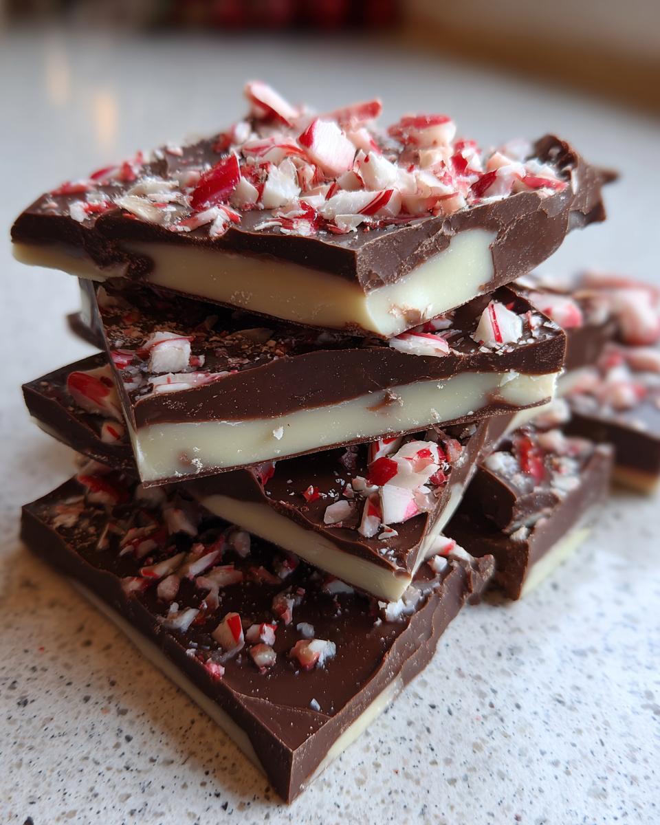 A stack of thick, layered pieces of homemade peppermint bark recipe topped with crushed candy canes.