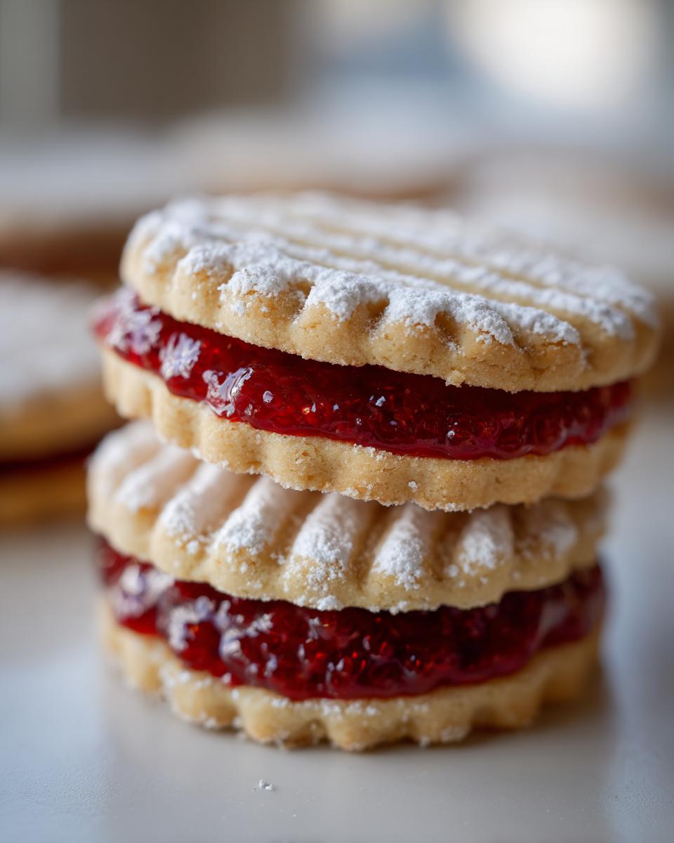 Close-up of two stacked linzer cookies filled with bright red raspberry jam and dusted with powdered sugar.