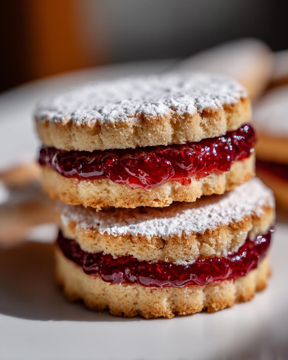 Close-up of two stacked linzer cookies filled with bright red raspberry jam and dusted with powdered sugar.