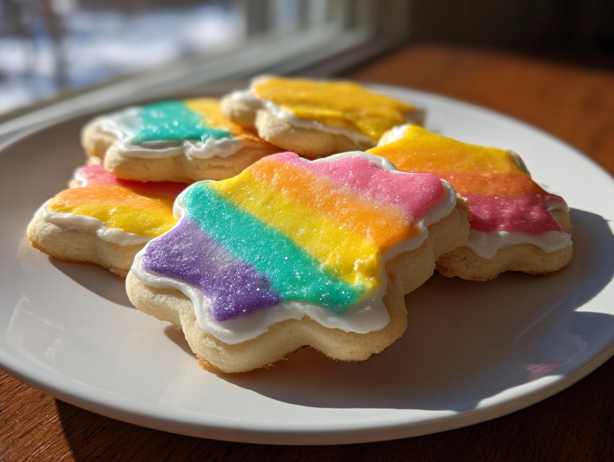 Several star-shaped sugar cookies topped with smooth, hardened rainbow cookie icing and white borders.