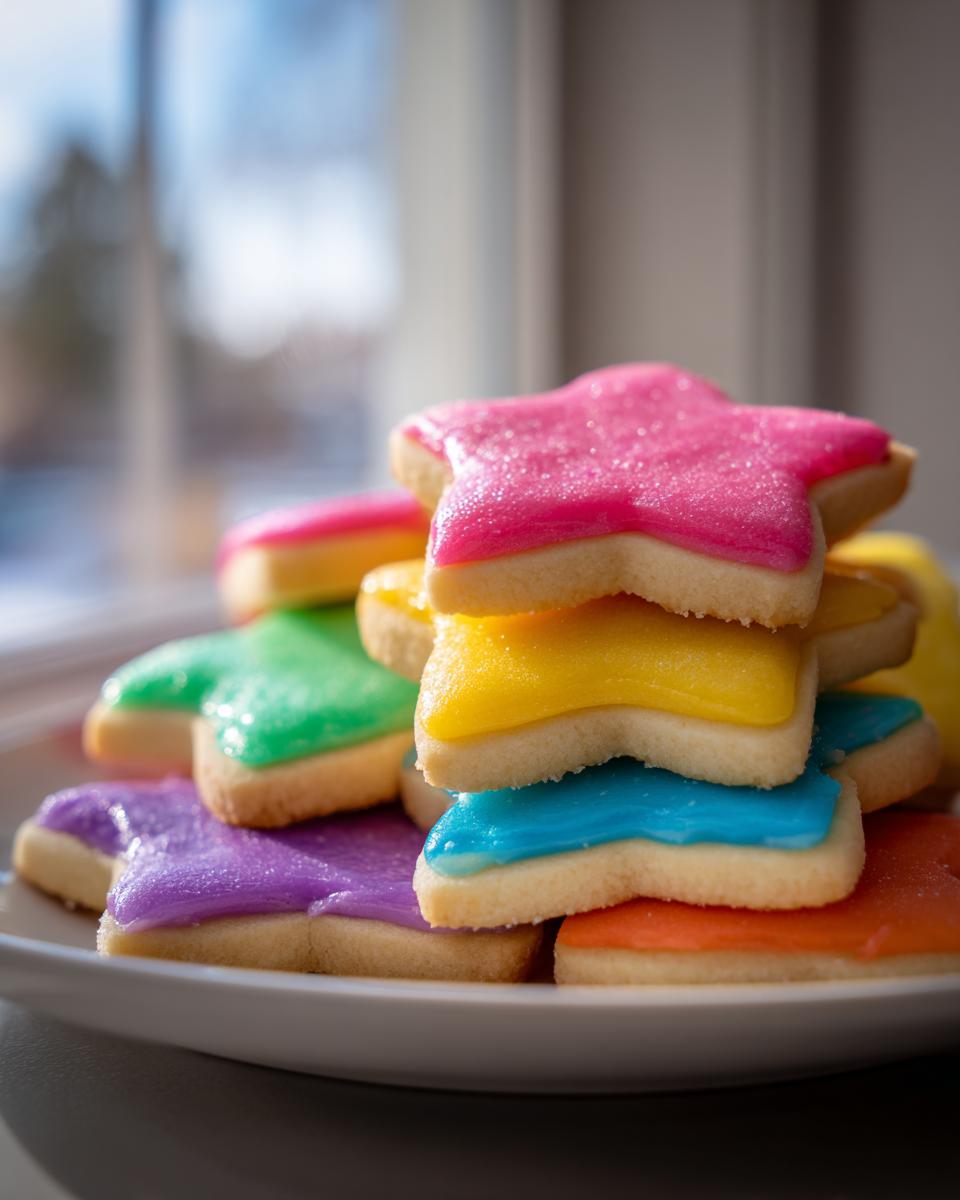 Stack of star-shaped sugar cookies decorated with brightly colored, smooth cookie icing recipe.