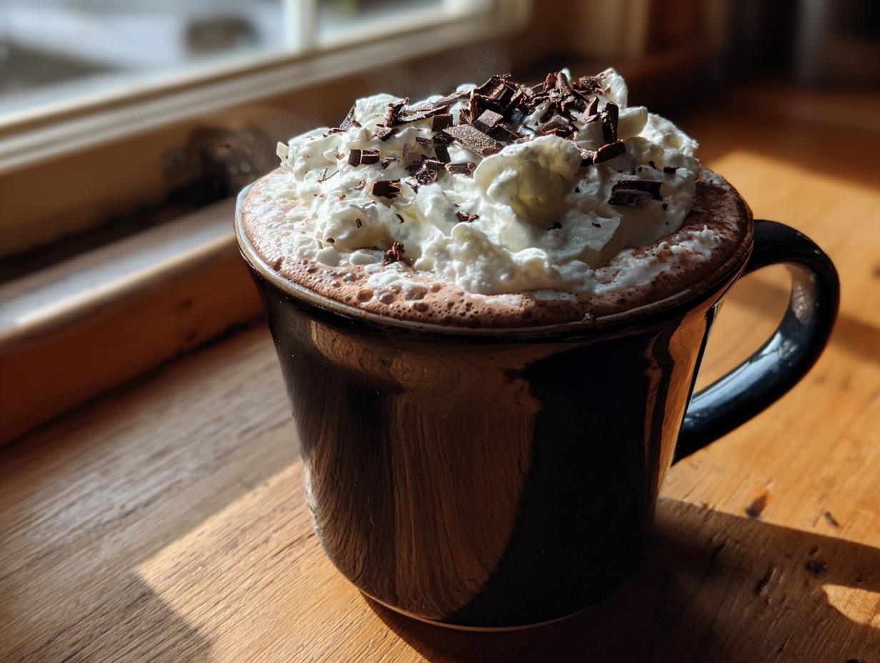 A steaming mug of rich boozy hot chocolate topped with whipped cream and chocolate shavings.
