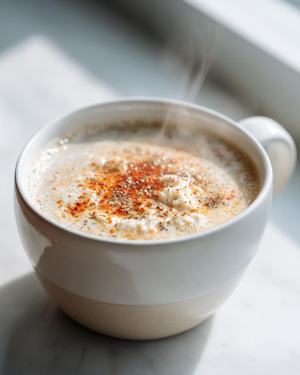 Close-up of a steaming white mug filled with creamy crab soup, topped with paprika and pepper.