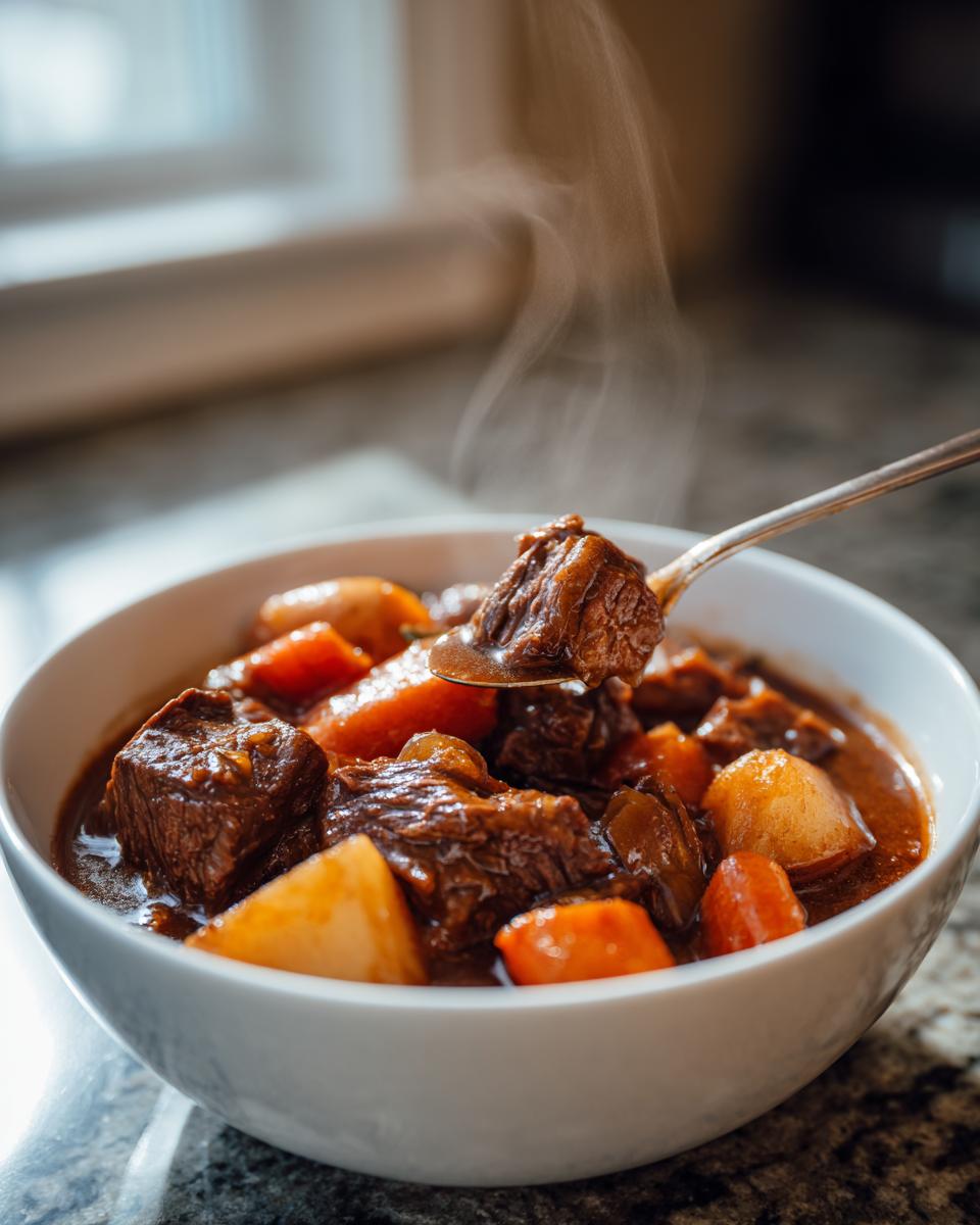 A close-up of a white bowl filled with steaming crockpot beef stew, featuring tender beef chunks, potatoes, and carrots, with a spoonful being lifted.