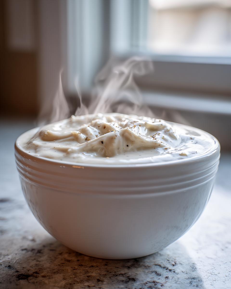 A close-up of a white bowl filled with hot, steaming homemade cream of chicken soup, seasoned with pepper.