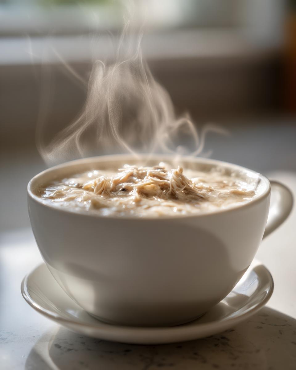 Close-up of hot, steaming homemade cream of chicken soup topped with shredded chicken in a white mug.